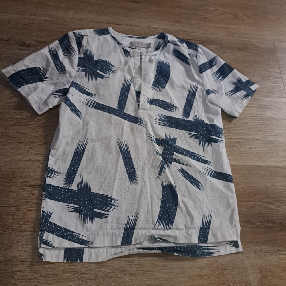 N° 18 Kid's Blue White Paint Brushstrokes Shortsleeves Dress Shirt Boy's Size 7